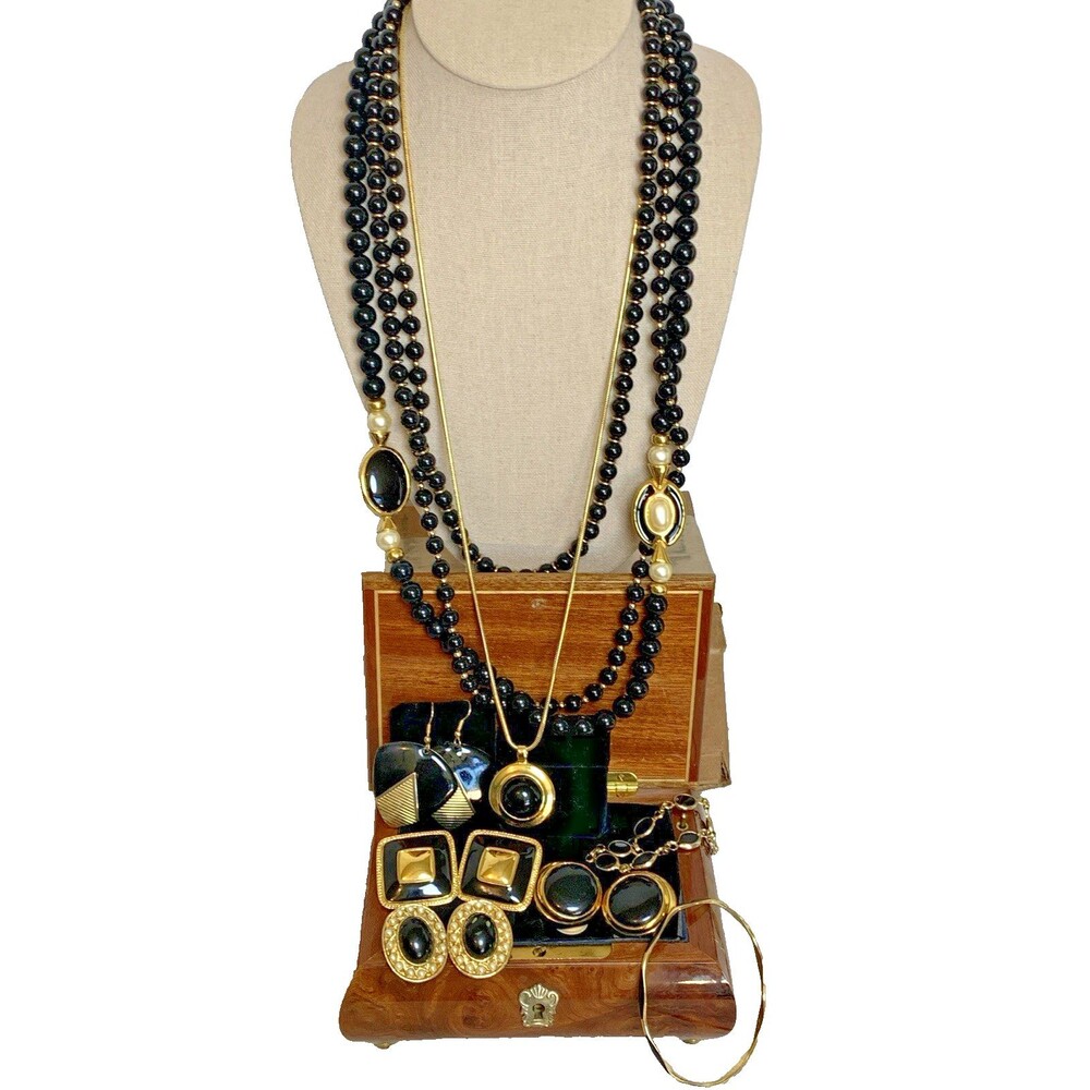 Vintage Signed Jewelry Lot Napier Monet Black Enamel Gold Tone Old Money